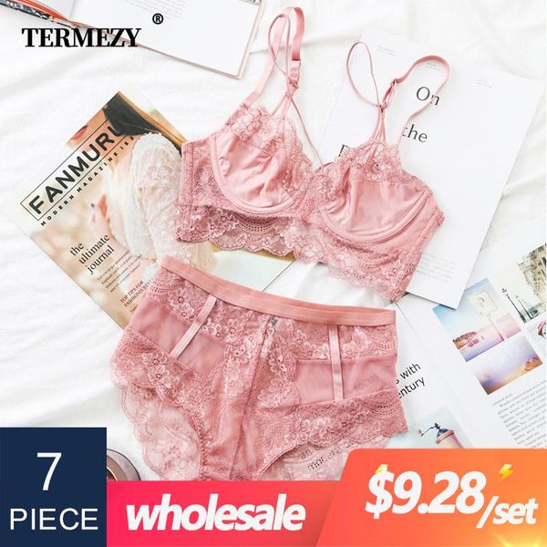 

7 pcs/lot classic bandage pink bra set lingerie push up brassiere lace underwear set high-waist panties for women underwear, Red;black