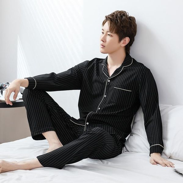 

mimi autumn winter 2020 rayon roman knitted pajamas men's luxury home wear women's long sleeve pants couple set1, Black;brown