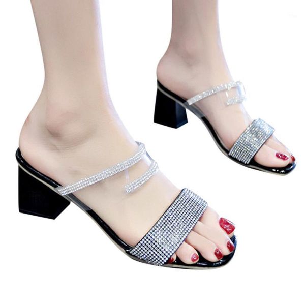 

summer women's sandals fashion slippers rhinestone transparent open toe high heel shoes square heel black white pink1