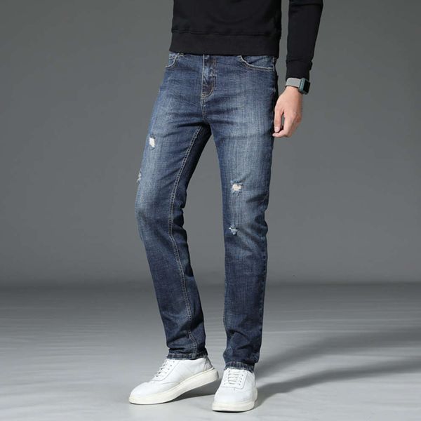 

large size hole stretch jeans men's product add increase loose small straight tube fashion personality trend leather pants for men, Black