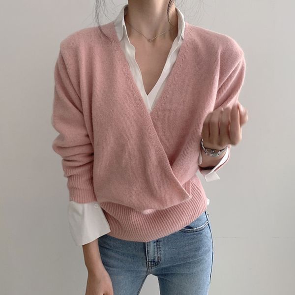 

2021 new winter women's blouses with decont on v knittied pullover minimalist mrs knitwears sw8553 be9w, White;black