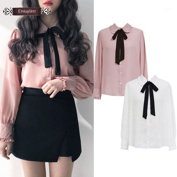 

female woman fashion autumn long sleeve basic shirt blouse bow tie ribbon pink white shirt e8001