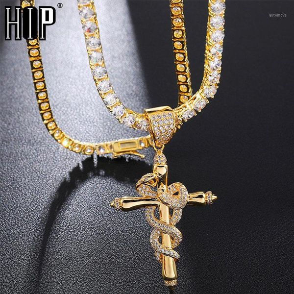 

hip hop iced out micro paved colorful cubic zirconia cross snake pendant & necklace for men rapper jewelry with tennis chain1, Silver