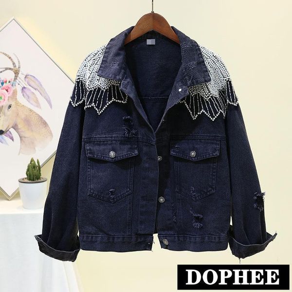 

2020 autumn new back heavy bead black jeans coat personality women's loose denim jacket college wind students short cowboy coats1, Black;brown