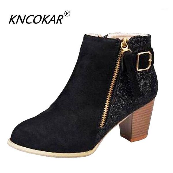

boots kncokar autumn and winter low cylinder sequins short side zipper round head thick with female big yards 34-441, Black