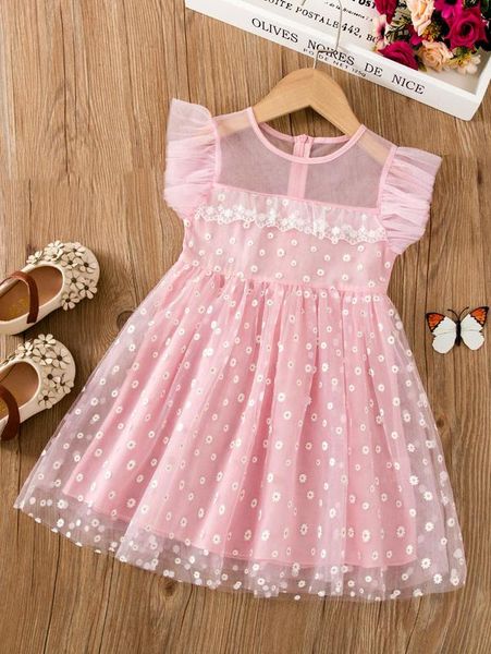 

toddler girls ruffle trim floral mesh dress she, Red;yellow