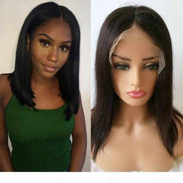 

brazilian straight lace front wig for women natural color short full lace human hair bob wigs middle part, Black;brown