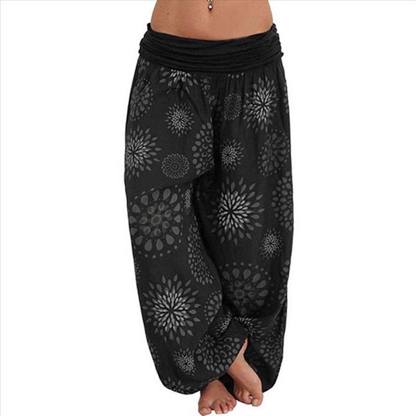 

женщины comfy beach boho boho брюки hippie летние широкие брюки ноги цветочные свободные брюки женские мешковатые свёзданные брюки, Black;white