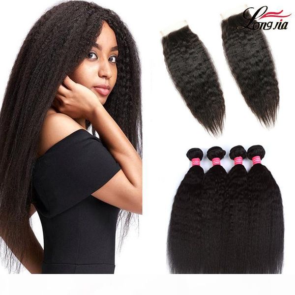 

brazilian kinky straight hair weave bundles with closure human virgin hair 3 bundles with lace closure yaki human hair extensions, Black