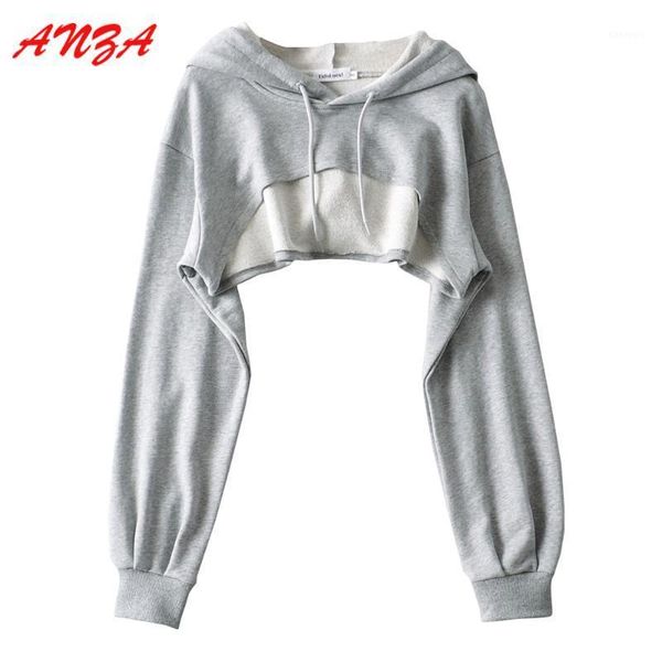

anza women crop hoodies with long sleeve solid pullover femme high street fashion grey cotton, Black