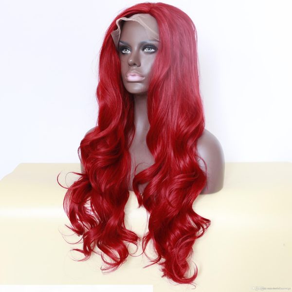 

burgundy red body wave long wigs with baby hair glueless brazilian synthetic lace front wigs for black women heat resistant