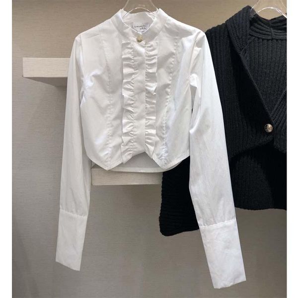 

cosmicchic women blouse runway white women shirt stand collar auricular long-sleeve vintage golden button crop-shirt fashion