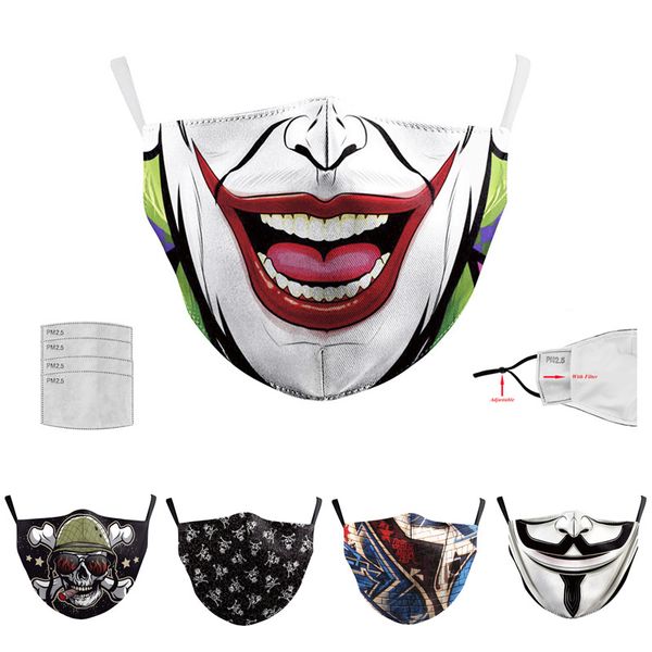 

10pcs men women halloween digital printing mask 2 layers masquerade party joker face masks reusable anti-fog cosplay mascherine