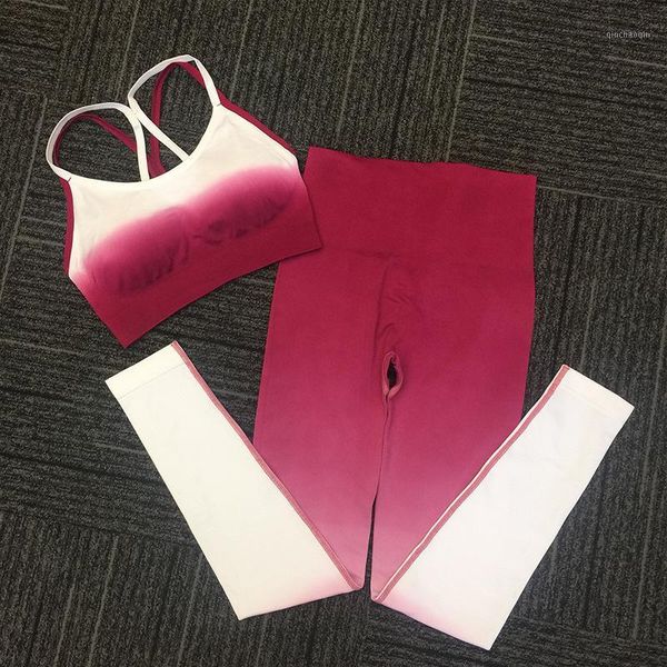 

yoga outfits omber seamless sets 2 piece set women bra& high waited leggings workout clothes for sport suit1, White;red