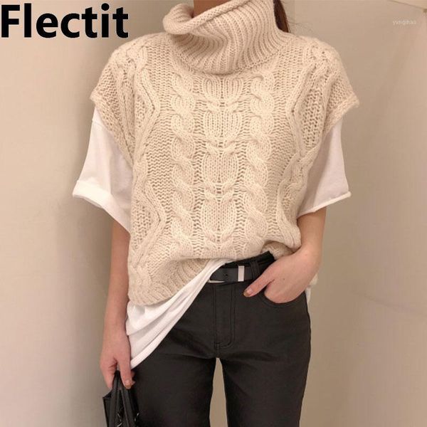 

flectit turtleneck sweater vest women's cable knit vest pullover sleeveless cozy wool fall winter trend outfit *1, Black;white
