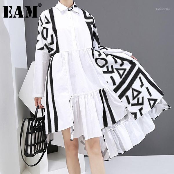 

eam] women white pattern printed big size shirt dress new lapel long sleeve loose fit fashion tide spring autumn 2020 1y9261, Black;gray