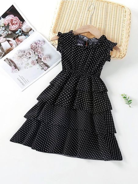 

girls polka dot frill trim layered dress she, Red;yellow