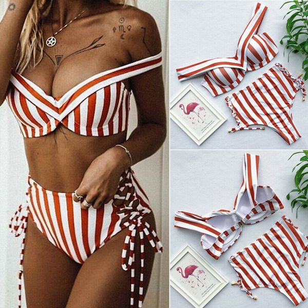 

2019 new style stripe slash neck women's padded push-up bra bikini set swimsuit swimwear beachwear bathing suit, White;black