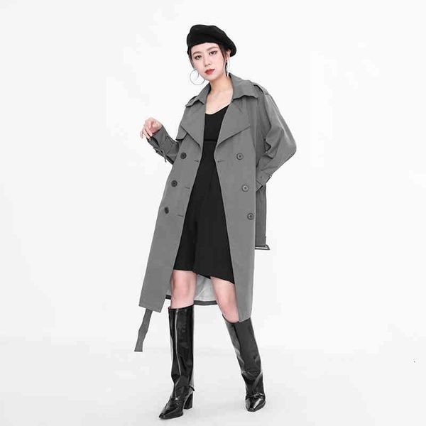 

women's trench coats [eam] women gray long bandage big size lapel sleeve loose fit windbreaker fashion spring autumn 2022 1da75713 7168, Tan;black