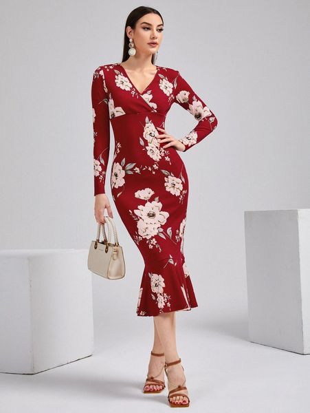 

floral print mermaid hem dress 47of#, Black;gray