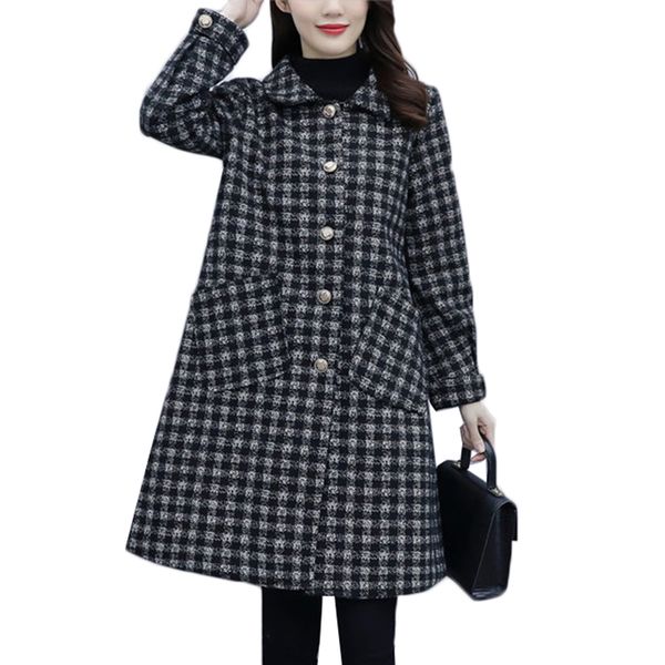 

2021 new autumn winter jacket women's woolen coat 2021new plaid mid long outerwear plus size 5xl single breasted female basic coats jbk, Black