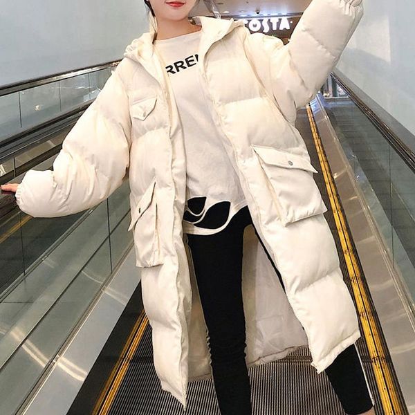 

winter parkas women hooded thick down cotton padded jacket korean loose zipper mid-length padded outwear for female, Black