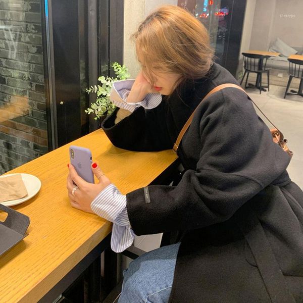 

2020 new fashion casual simple loose wild pure color temperament elegant medium and long section thick windproof wool jacket1, Black