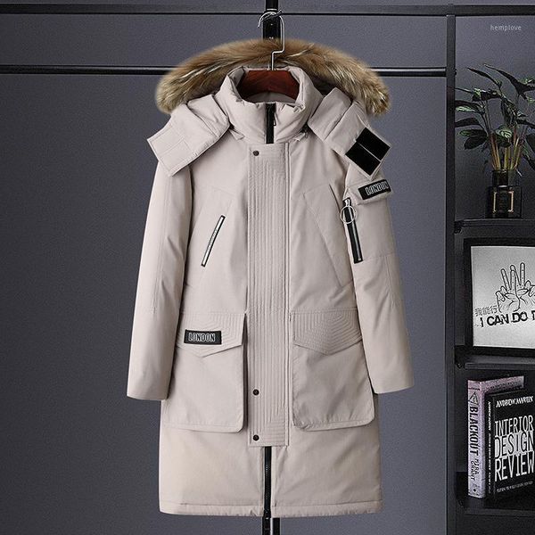 

puffer jacket winter long warm jacket men coat big pocket with hood white duck down solid color thicken male snowing overcoat1, Black