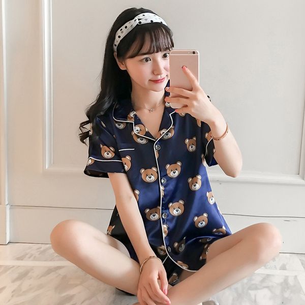 

two piece set print silk stain women pajamas short sleeve shirt sweet lovely female home suit summer plus size woman pajama set y200708, Black;red