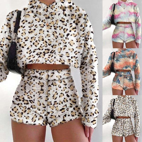 

autumn and winter plush printed suit hooded suit tie-dye flannel short sweater shorts two-piece winter jacket1, Gray