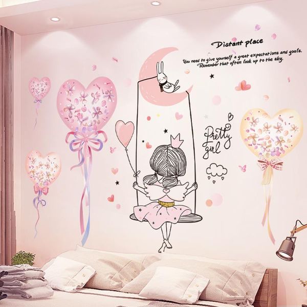 

[shijuekongjian] balloons wall stickers diy cartoon swing girl wall decals for kids rooms baby bedroom nursery house decoration
