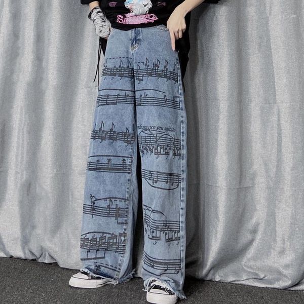 

blue jeans women men musical note pattern wide leg pants high waist straight harajuku grung trousers streetwear outfits autumn1