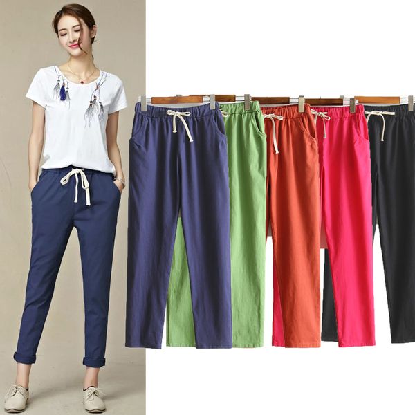 

womens autumn/summer harem pants cotton linen solid elastic waist candy colors harem trousers soft for female ladys lj200820, Black;white
