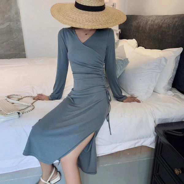 

2020 early autumn new women's slim slim high-waisted waist split long skirt knitted temperament v-neck long-sleeved dress #4k1d, Black;gray