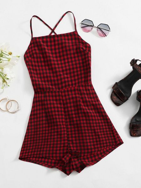 

lace-up open back buffalo plaid cami romper n1zt#, White