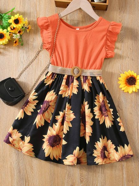 

toddler girls sunflower print ruffle trim belted dress she, Red;yellow
