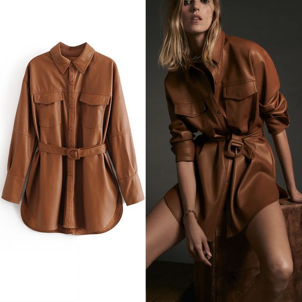 

za faux leather belt jacket women chic front snap button autumn long pu leather jackets female plus size leatherette coat 201126, Black;brown