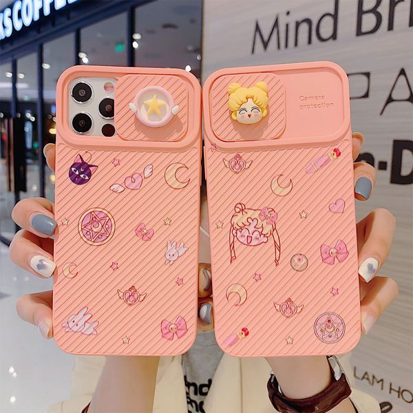 

slide camera lens protection sailor moon phone case 12 xr xs max 7 8 plus soft frame back cover shell for iphone 11