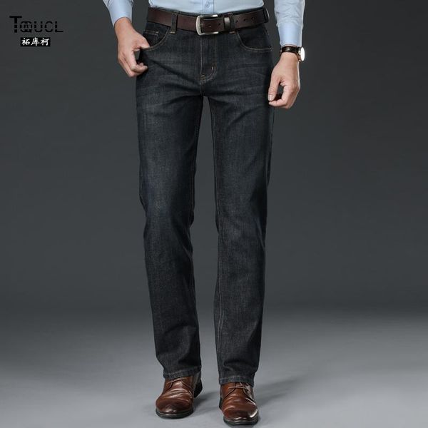 

toqucl comfortable warm men jeans classic style business pants men mid-waist casual stretch denim pants black trousers male, Blue