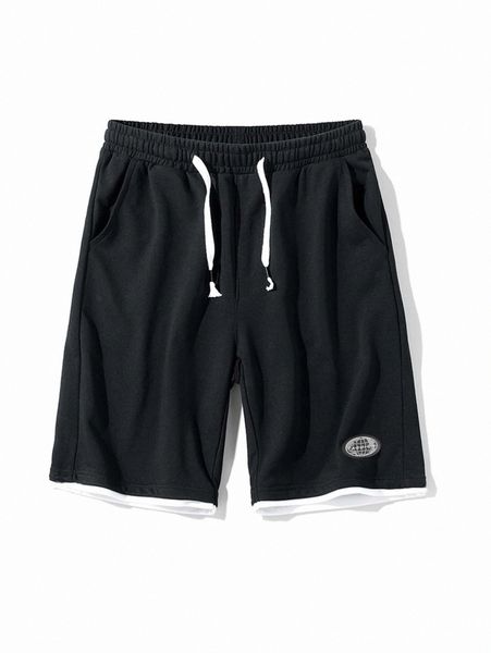 

men contrast trim patch detail drawstring waist shorts i9tb#, Black