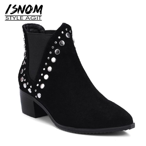 

ISNOM Thick Med Heels Women Ankle Boots Pointed Toe Elastic Footwear Cow Suede Female Boot Rivet Shoes Woman 2020 New Winter, Black
