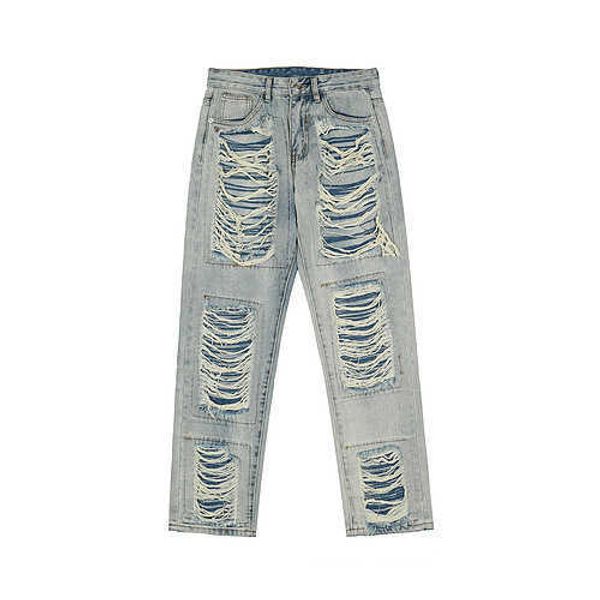 

men's jeans high street, big holes, bearded jeans, pasted straight pants, Blue