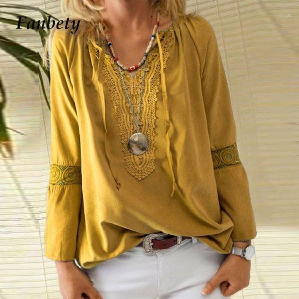 

women vintage solid drawstring shirt blouse elegant lace v neck long sleeve shirts casual loose cotton linen pullover blusa1, White