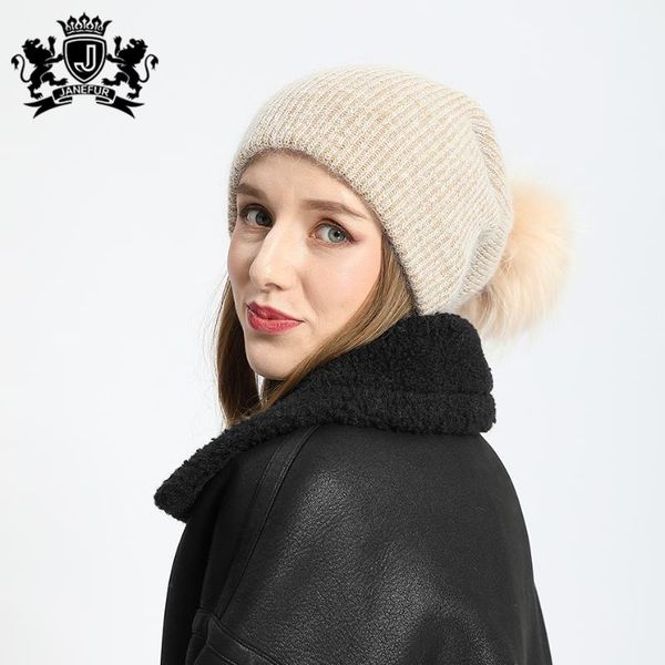 

beanie/skull caps janefur winter warm angora beanie with real fur pompon, Blue;gray