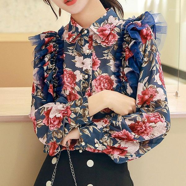 

2020 new spring autumn women stylish ruffle long lantern sleeve chiffon blouse female print floral patchwork shirt x341, White