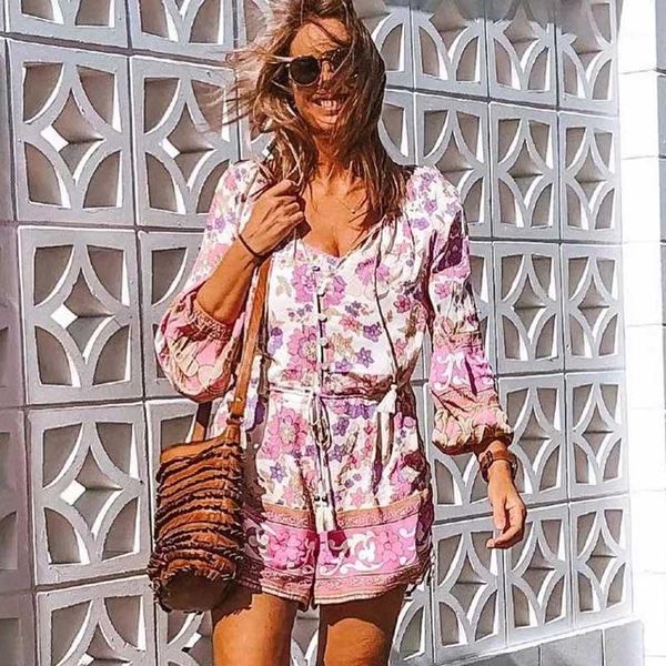 

boho inspired floral print romper for women adjustable tie long sleeve v-neck boho jumpsuits women 2020 spring summer playsuits1, Black;white