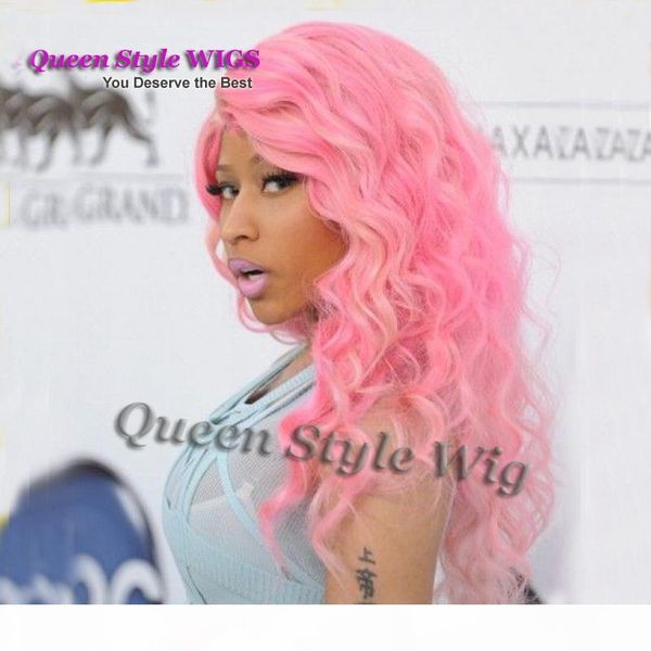 

celebrity nicki minaj hairstyle wig, deep curly wave single pink color hair synthetic lace front wigs for black woman