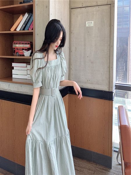 

2021 new square collar plus size dress bubble lady of office a short sleeve line belt worn courtship femininity temperament y2zi, Black;gray