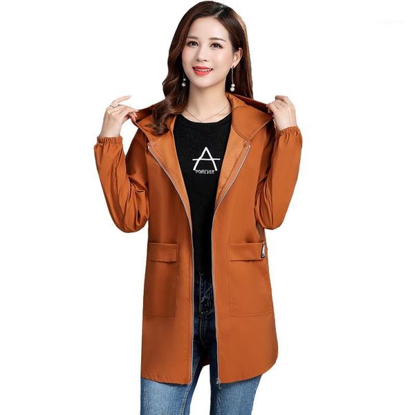 

women jacket 2020 autumn thin hooded windbreaker ladies causal zipper hooded basic jacket female loose coat plus size 6xl p5231, Tan;black