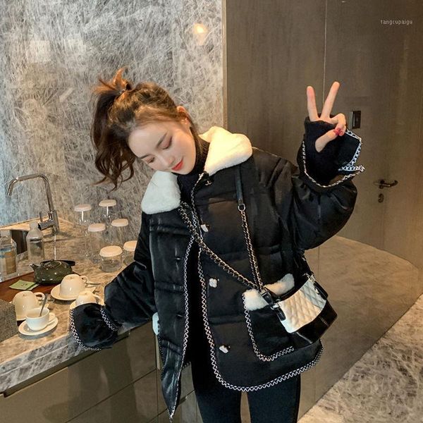 

lamb wool stitching down cotton-padded jacket women's winter 22021 new black small cotton-padded jacket short women1